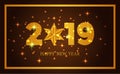 Happy new year banner background template with 3d gold number and star. vector illustration