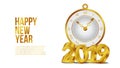 Happy new year banner background template with 3d gold text and classic gold clock. vector illustration