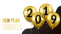 Happy new year banner background template with gold flying helium balloon. vector illustration