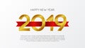 Happy new year banner background template with gold number and red ribbon. vector illustration