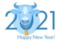 Happy 2021 new year banner. Blue cow head with gold bell on the neck. Vector illustration.
