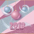 Happy new year banner with clossy balls and sparkle stardust. Magic decor for your selebration. Royalty Free Stock Photo