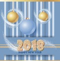 Happy new year banner with clossy balls and sparkle stardust. Magic decor for your selebration. Royalty Free Stock Photo