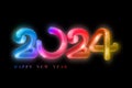 Happy new year 2024 banner colored glow neon tube. Happy Holiday Glowing Festive Luminous numbers in multicolored Design