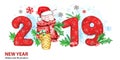 2019 Happy New Year banner. Cute pig with Santa hat in waffle cone and numbers. Greeting watercolor illustration. Symbol Royalty Free Stock Photo