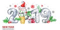 2019 Happy New Year banner. Cute pig with Santa hat in waffle cone and numbers. Greeting watercolor illustration. Symbol Royalty Free Stock Photo