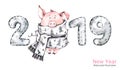 2019 Happy New Year banner. Cute pig in winter scarf with numbers. Watercolor illustration. Symbol of winter holidays Royalty Free Stock Photo