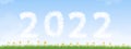 Happy new year banner,fluffy 2022 clouds on blue sky and green grass landscape.Vector calendar,Typography text 2020 font on Spring Royalty Free Stock Photo