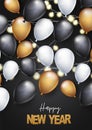 Happy New Year banner, flyer, or poster. Winter holiday design concept with golden, white and black balloons, garland light. Royalty Free Stock Photo