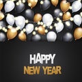 Happy New Year banner, flyer, or poster. Winter holiday design concept with golden, white and black balloons, garland light. Royalty Free Stock Photo