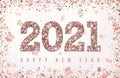 2021 Happy New Year Banner with glowing Rose Gold Numbers on white background with flying geometric and foil paper confetti.