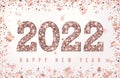 Happy New Year 2022 Banner with glowing Rose Gold Numbers on white background with geometric frame confetti and flying foil paper