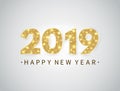 Happy New year banner with gold glitter 2019 numbers and text on bright background. Luxury festive design for greeting Royalty Free Stock Photo