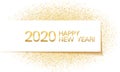 2020 Happy New Year banner with gold glitter premium shining confetti on white background.