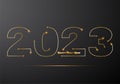 Happy New 2023 Year banner with gold line numbers and sparkles. Greeting Card, Banner, Poster. Vector