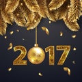Happy New Year 2017 banner with golden fir-tree branches and confetti and shining lights. Rich, VIP, luxury Gold and black colors Royalty Free Stock Photo