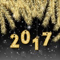 Happy New Year 2017 banner with golden fir-tree branches. Rich, VIP, luxury Gold and black colors. Vector illustration Royalty Free Stock Photo