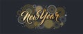 Happy New Year banner with golden fireworks. Gold and black card and banner, festive invitation, calendar poster or Royalty Free Stock Photo