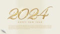 Happy New Year 2024 banner. Golden Luxury Festive Shining Calligraphy Numbers design. Vector Illustration in a realistic