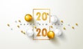 Happy new year 2020 banner.Golden luxury numbers with glitter and Christmas balls on light background. Gold Festive Royalty Free Stock Photo