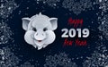 Happy new year banner, head of the pig, animal symbol of 2019, congratulation text. Dark background with snowflakes for poster Royalty Free Stock Photo