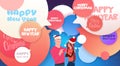 Happy New Year Banner With Man And Woman In Santa Hats Over Abstract Chat Bubbles Merry Christmas Poster