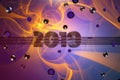 Happy New Year Banner with 2019 Numbers made by metal covered by aerography over colorful wall Background full of round Royalty Free Stock Photo