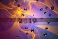 Happy New Year Banner with 2019 Numbers made by metal covered by aerography over colorful wall Background full of round Royalty Free Stock Photo