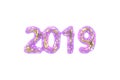 Happy New Year Banner with 2019 Numbers made by pink plastic wire and gold core inside isolated on white Background with