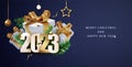 2023 Happy New Year banner with realistic gift box composicion. Holiday greeting card design. Festive premium concept