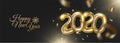 Happy new 2020 year banner with realistic golden numbers and confetti, tinsel. Festive decoration on dark background. Royalty Free Stock Photo