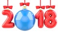 Happy New Year 2018 banner with red ribbon and bow. Text 2018 made in the form of a blue and red Christmas ball. 3D Royalty Free Stock Photo