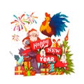 Happy New Year 2017 banner with Santa Claus and rooster on ribbon. Vector illustration Royalty Free Stock Photo