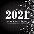 2021 Happy New Year Banner with Silver Numbers on black Background with scattering sequin and foil paper confetti. Vector