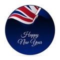 Happy New Year banner or sticker. Great Britain waving flag. Snowflakes background. Vector illustration.