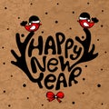 Happy New Year Banner. Stylized deer antlers made of letters on the background of cork texture. Red birds are sitting on the branc