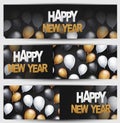 Happy New Year banner, website header or newsletter ad decoration set. Winter holiday celebration designs concept with balloons an Royalty Free Stock Photo