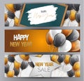 Happy New Year banner, website header or newsletter ad decoration set. Winter holiday celebration designs concept with balloons, b Royalty Free Stock Photo