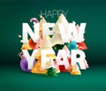 Happy New Year banner. White Big letters with colored decorated trees. Festive Christmas forest