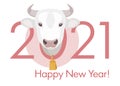 Happy 2021 new year banner. White cow head with gold bell on the neck