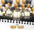 Happy New Year banner. Winter holiday celebration design concept with golden, black, and white balloons, garland lights, and lante Royalty Free Stock Photo