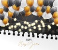 Happy New Year banner. Winter holiday celebration design concept with golden, black, and white balloons, garland lights, under tor Royalty Free Stock Photo