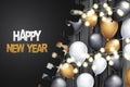 Happy New Year banner. Winter holiday celebration design concept with golden, black, and white balloons, garland lights, under tor Royalty Free Stock Photo