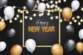 Happy New Year banner. Winter holiday design concept with golden, white and black balloons, garland light. Royalty Free Stock Photo