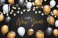 Happy New Year banner. Winter holiday design concept with golden, white and black balloons, garland light. Royalty Free Stock Photo