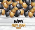 Happy New Year banner. Winter holiday design concept with golden, white and black balloons, wooden background with garland lights.