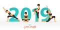 Happy New Year 2019 banner with yoga poses. Year of good health. Banner design template for New Year decoration in Yoga Concept.