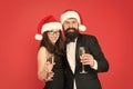 Happy new year. Bearded gentleman wear tuxedo girl elegant dress. Merry christmas. Office party. Visiting event party