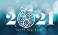 Happy New Year 2021 with beautiful chrisma ball on blue background. Illustration for brochure, postcard, invitation card. Royalty Free Stock Photo