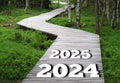 Happy New Year 2024 , 2025 On Beautiful Road In The Forest With Beautiful Greeting Card.